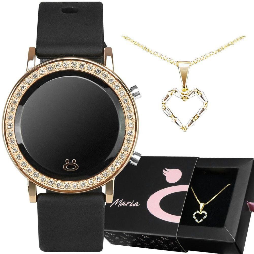 Colar coração + relogio feminino digital banhado dourado casual maria preto moda social