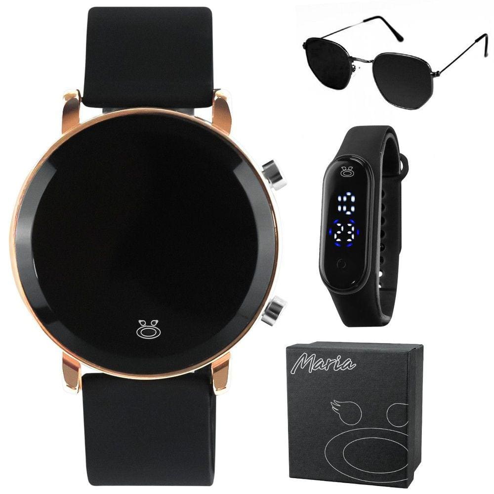 Relogio digital banhado feminino aço + oculos sol + caixa dourado moda preto Maria