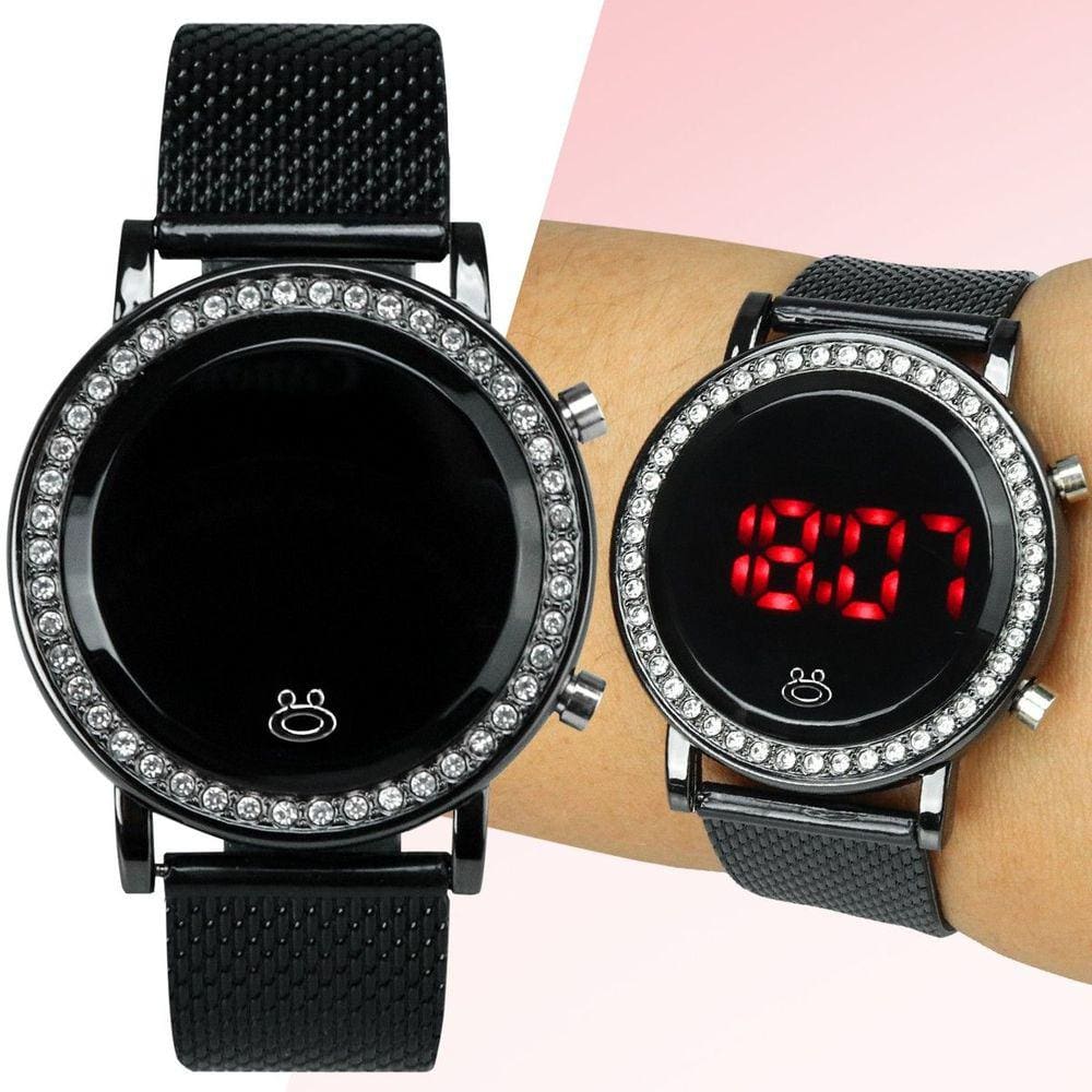 Relogio feminino preto aço digital LED strass redondo ajustavel presente social casual