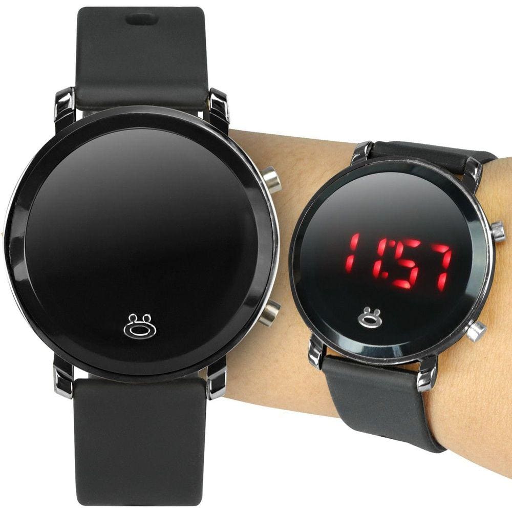 Relogio feminino redondo led silicone preto moda preto led casual ajustavel