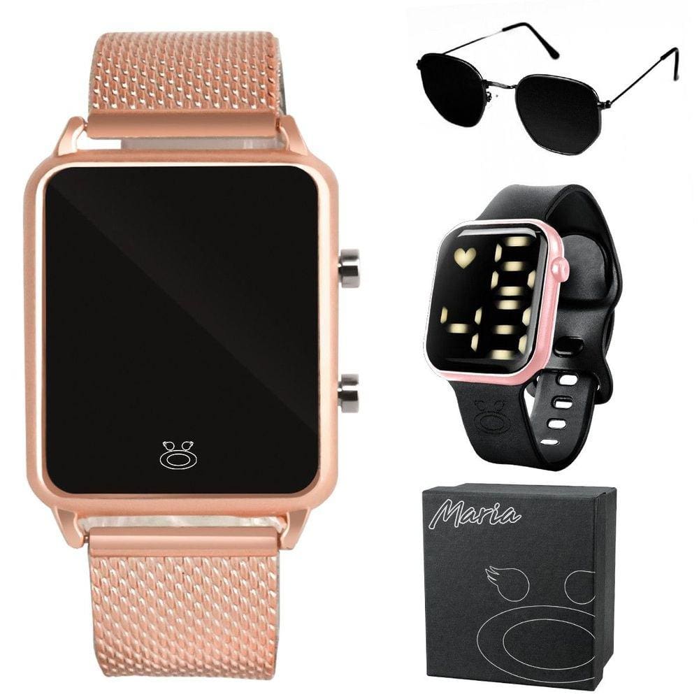 2 relogio feminino digital led rose + oculos sol + caixa casual moda rosa rose maria