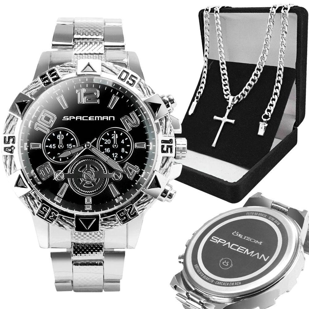 Relogio masculino prata + cordão cruz + pulseira grumet religioso qualidade premium social presente