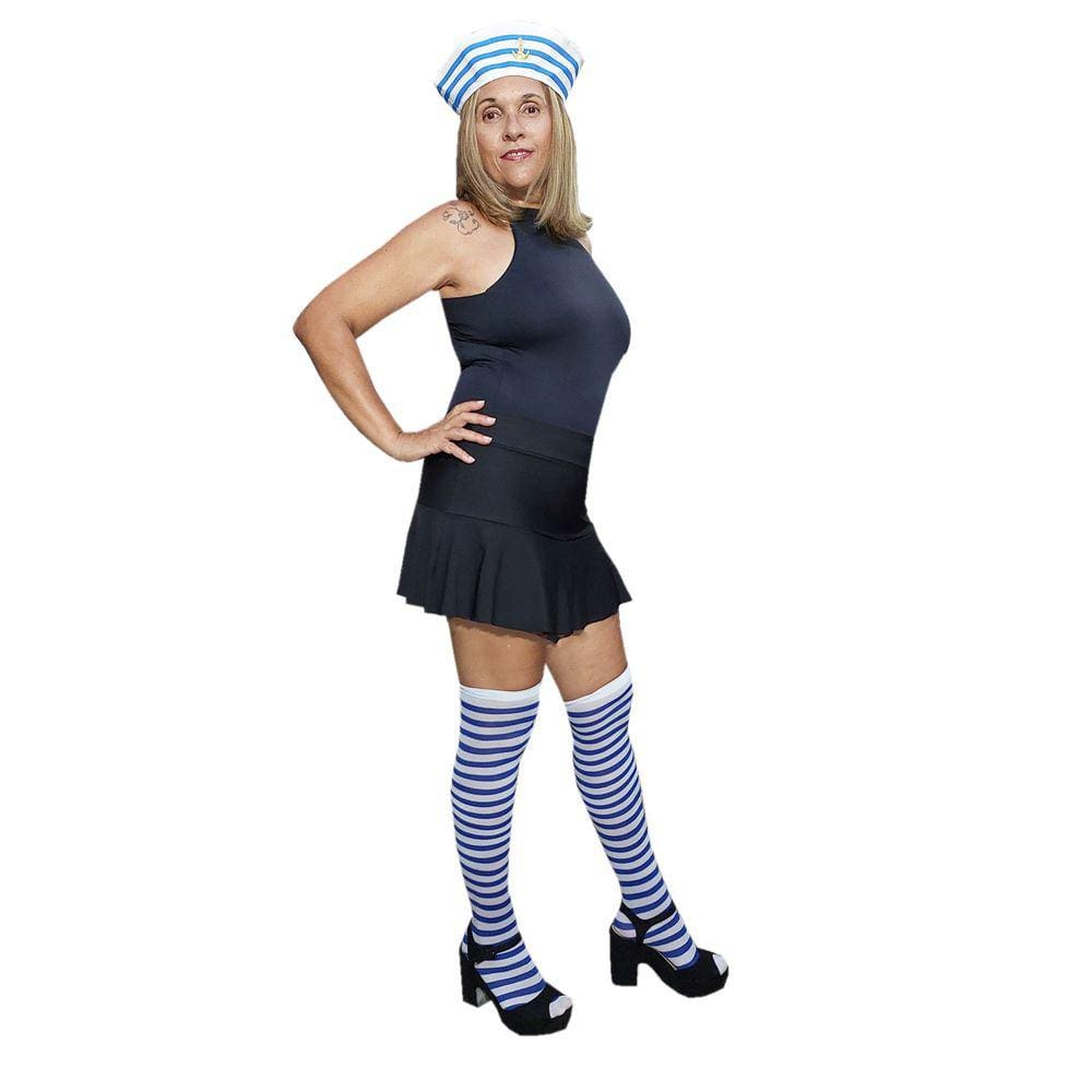 Acessórios Fantasia Marinheira: Meia 7/8 Listrada Azul e Branco + Chapéu Quepe