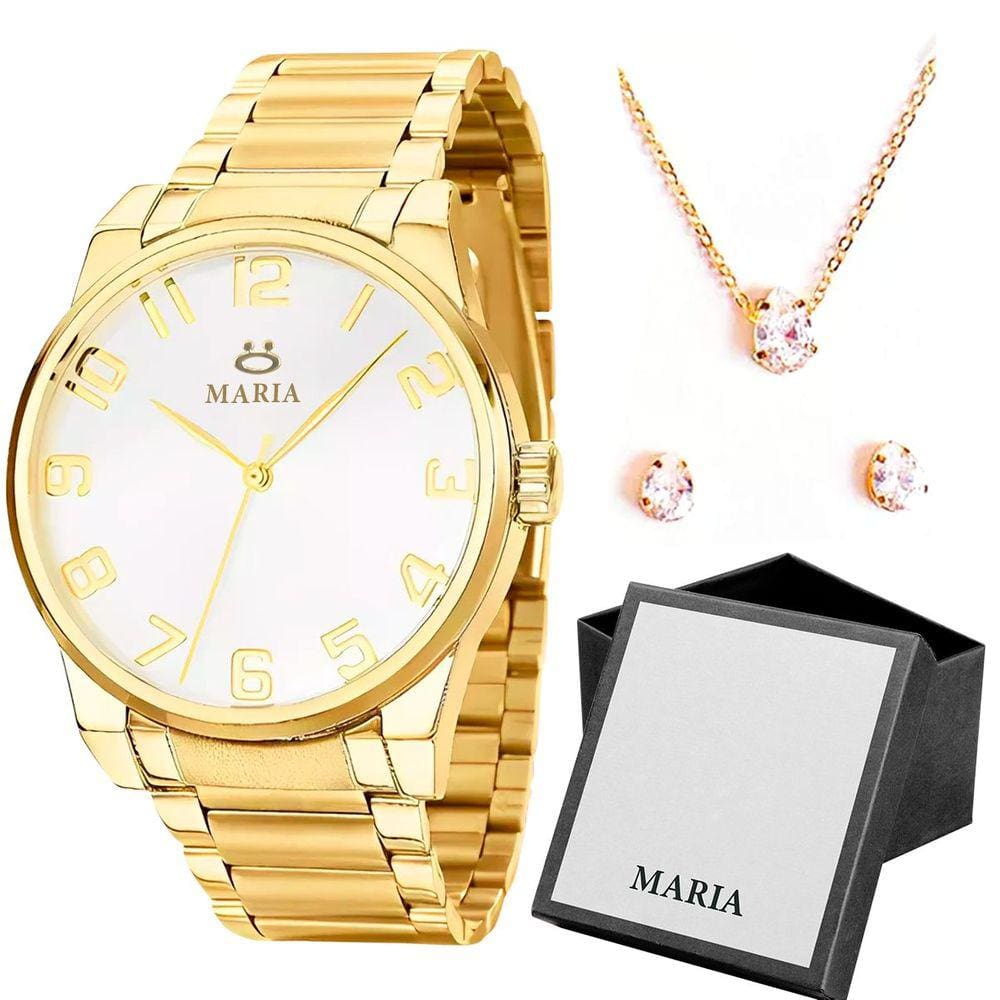 relogio feminino dourado aço inox ou colar + caixa + brincos social presente strass inoxidável moda