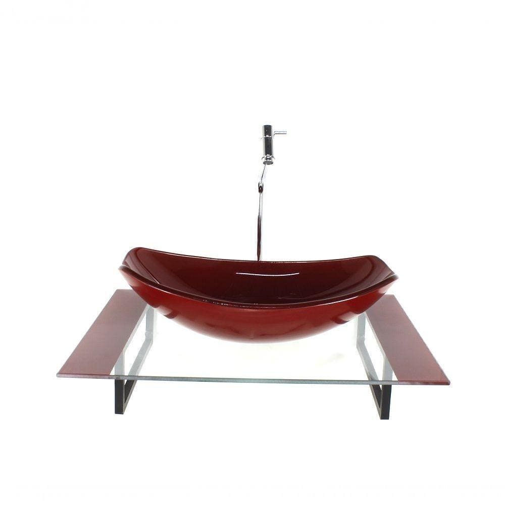 Kit Cuba De Vidro Chanfrada Tampo Vermelho E Suporte Preto