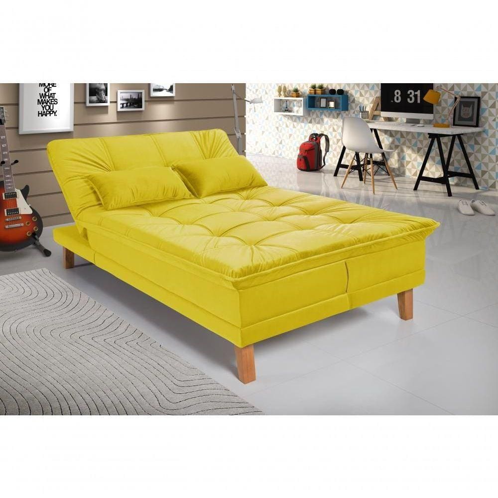 Sofá Cama Berlim 3 Lugares Império Reclinável Pés Madeira Com Banqueta Espuma D33 Suede Amarelo 374