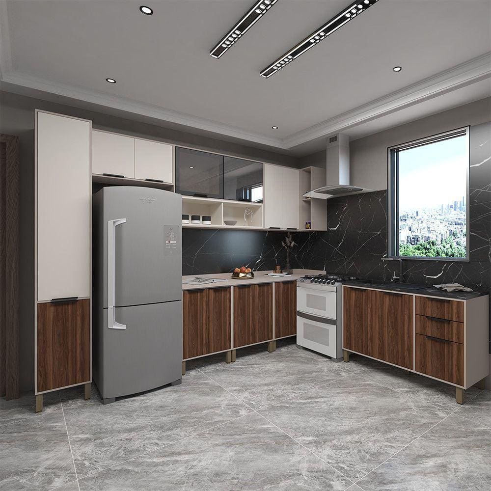 Cozinha Completa 8Peças C Vidro Reflecta Tampos E Sem Pia Luciane Móveis Cinammon-beige-escarlate