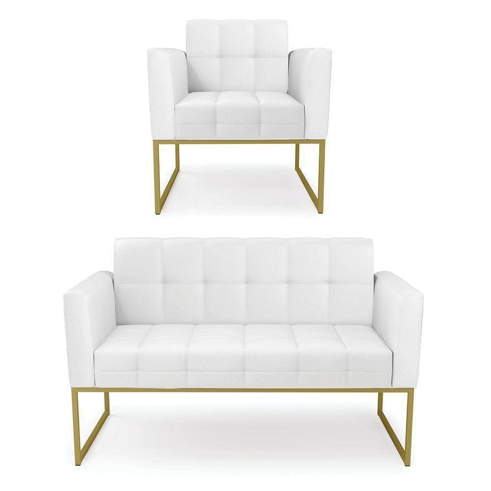 Kit 1 Sofá Namoradeira E 1 Poltrona Elisa Corino Branco Base Metálica Industrial Dourado - D`rossi