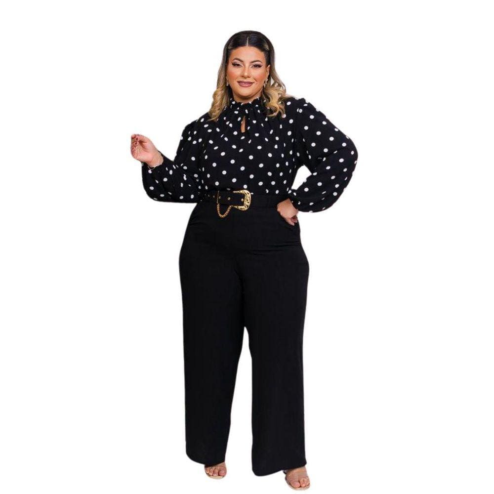 Conjunto Plus Size Blusa Manga Longa Calça Pantalona Cinto 0455