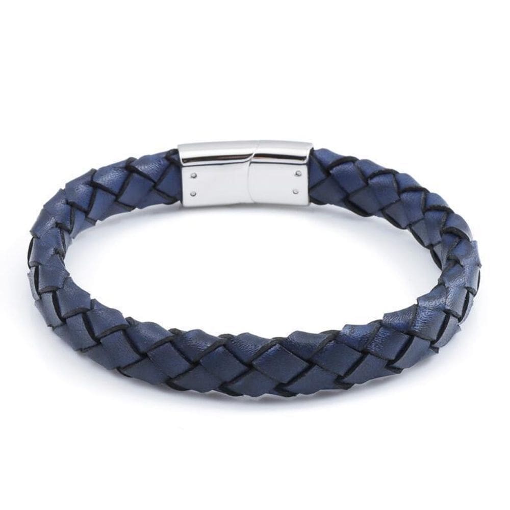 Bracelete Rosso Aço 20Cm Couro Azul Trançado10Mm Fecho Steel