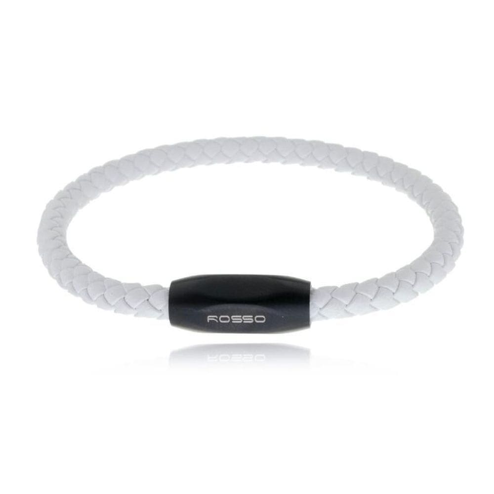 Bracelete Aço 20Cm Couro Branco 5Mm Trançado Fecho Black