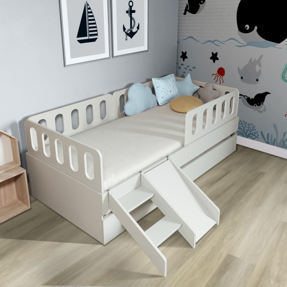 Bicama Solteiro Mdf BP com Escadinha/Escorrega 03 Grades e Cabeceira Megamobilia