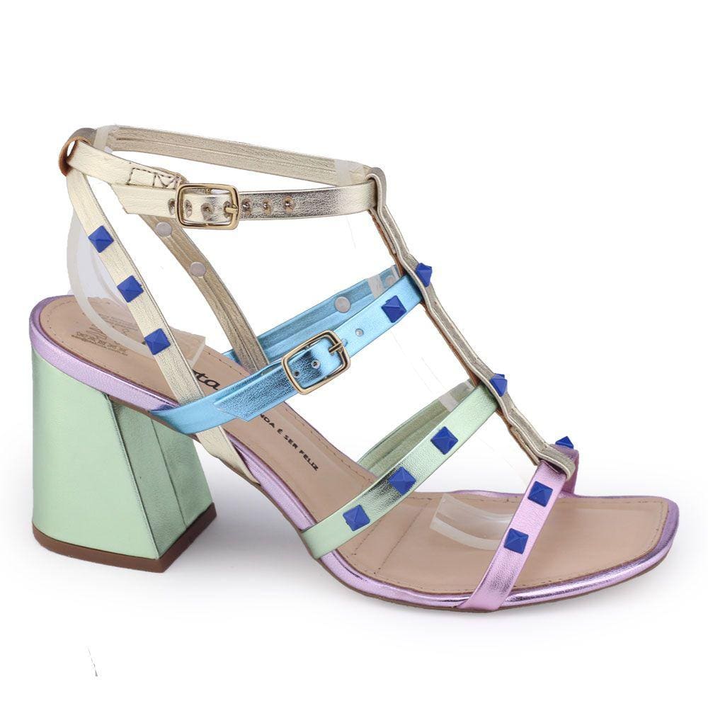 Sandália fem Dakota Y0513 bloco geométrico metalizada spike