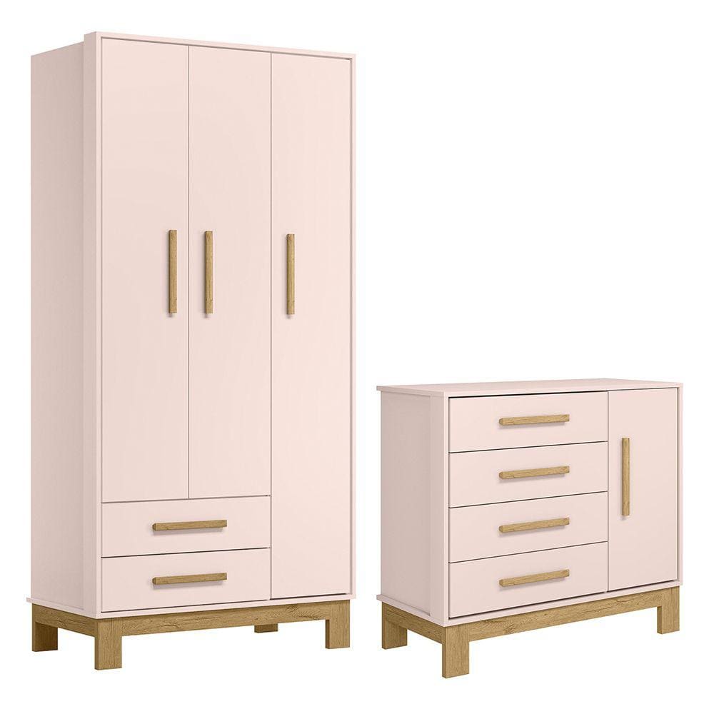 Quarto de Bebê com Roupeiro 4340 e Cômoda 4355 Qencanto Slim Qmovi Rosa Acetinado