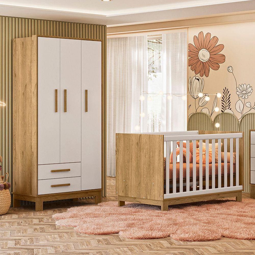 Quarto de Bebê Qencanto Slim com Roupeiro 4340 e Berço Mini Cama 4315 Qmovi Freijó Branco Acetinado