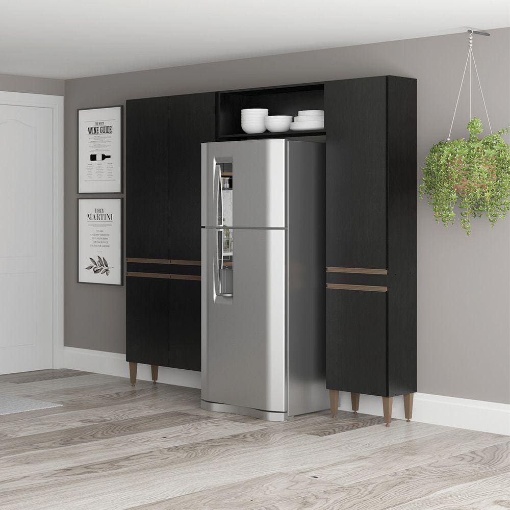 Armário Modulado Cozinha para Geladeira com Nicho Sabrina 200cm 3 Peças Preto