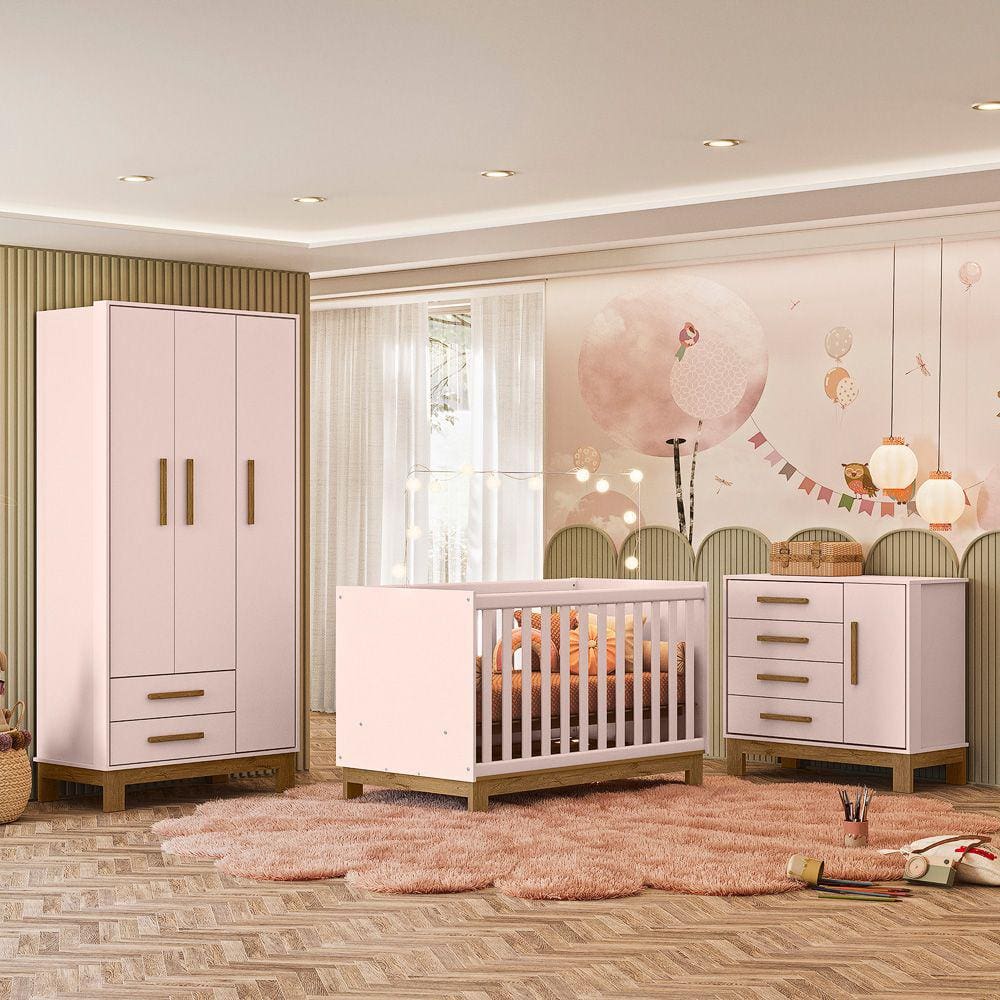 Quarto de Bebê Qencanto Slim Completo Qmovi Rosa Acetinado