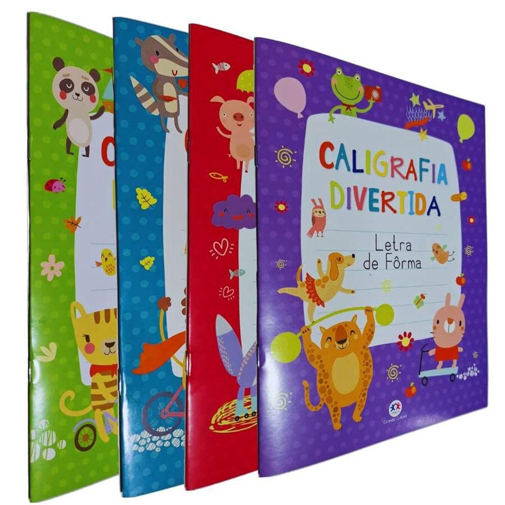 4 Livros Físicos de Atividades Caligrafia Divertida: Letra Cursiva, Letra de Fôrma, Letra Bastão e Numerais