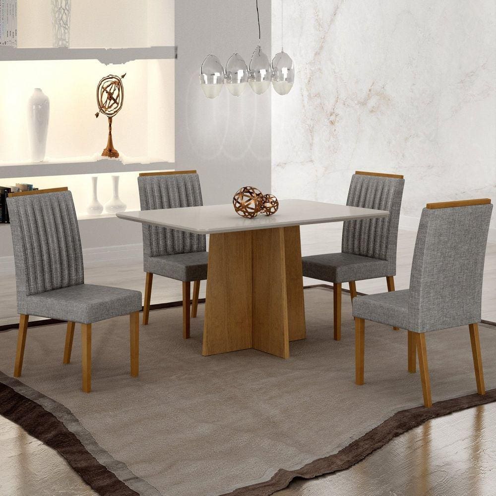 Conjunto Mesa Jade 120cm com 4 Cadeiras Mari Cinamomo/Off White/Prata Linho