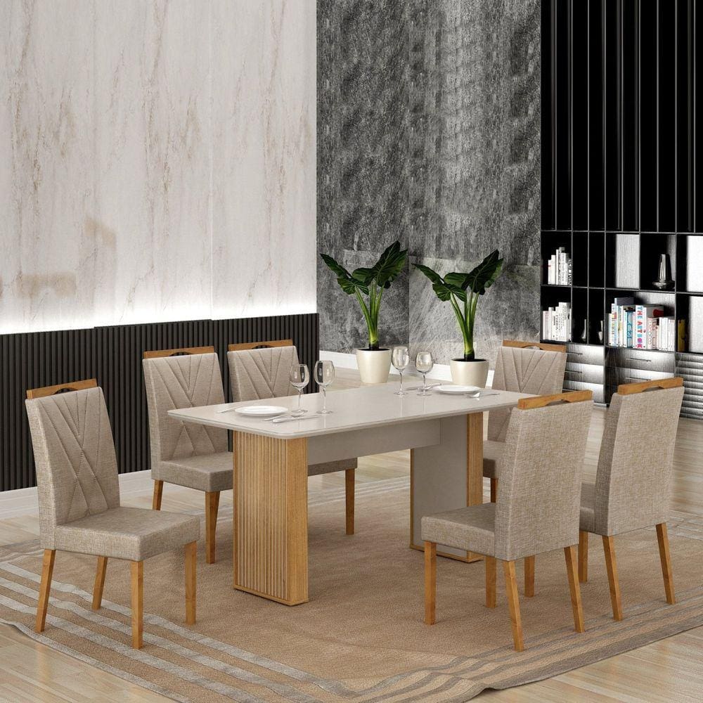 Conjunto Mesa Julia 160cm com 6 Cadeiras Lara Cinamomo/Off White/Bege Linho