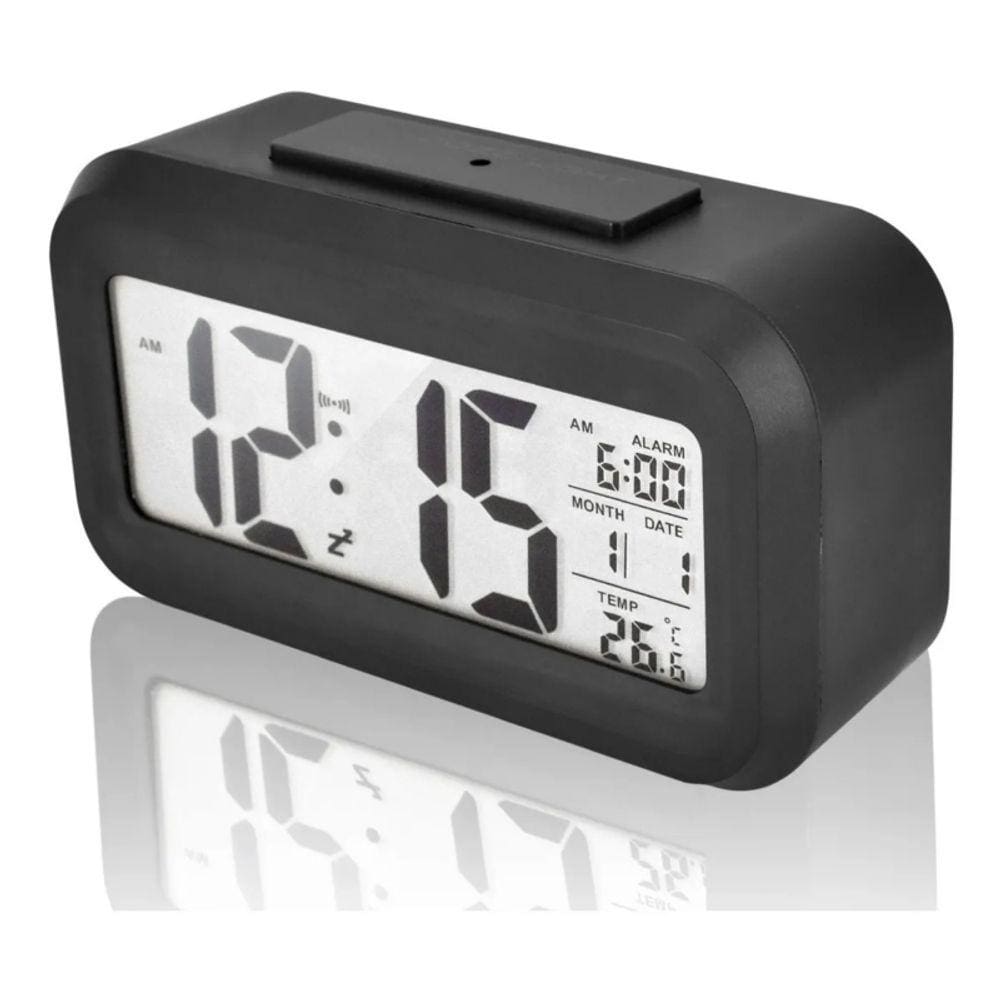 Despertador com display LED digital preto com data e temperatura