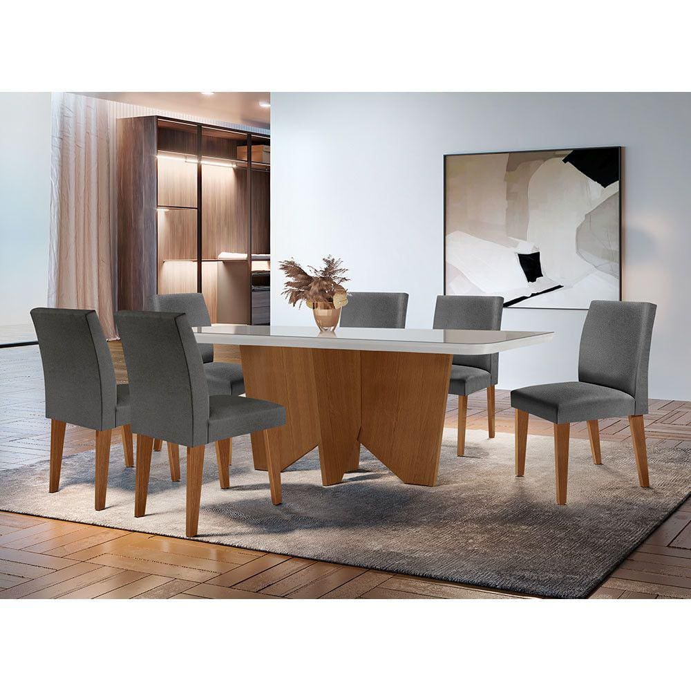 Sala de Jantar Mesa Evora 180 Mdf Vidro Canto Copo Com 6 Cadeiras Grecia Rufato