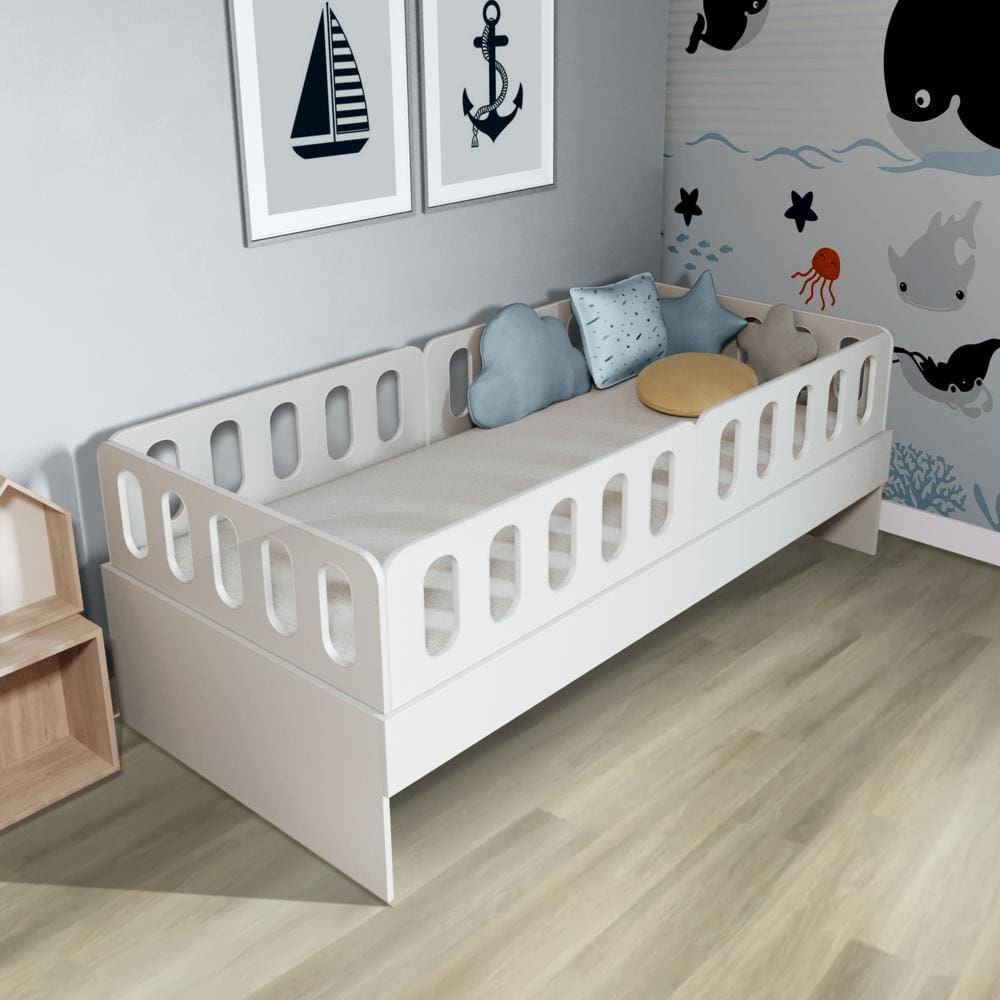 Cama Solteiro Mdf BP Branco com 04 Grades e Cabeceira Megamobilia