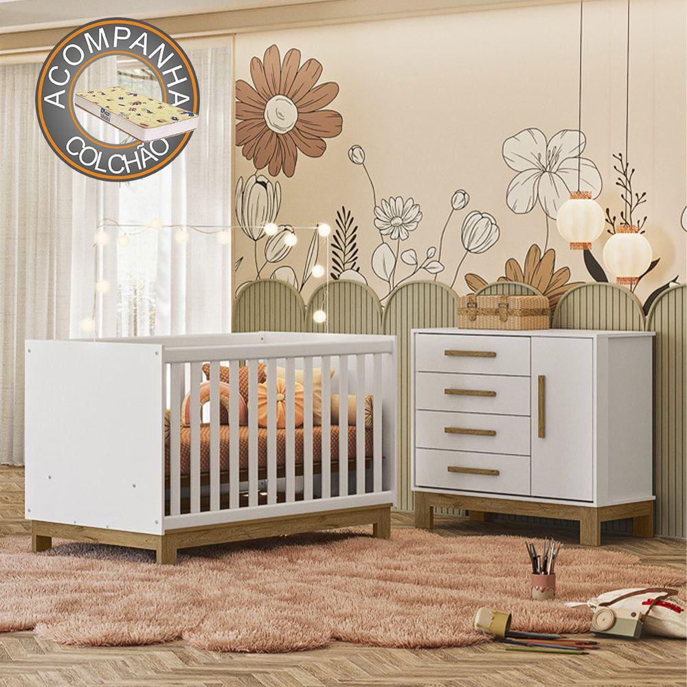 Quarto de Bebê Qencanto Slim com Cômoda 4355 e Berço 4315 Qmovi Branco Acetinado + Colchão Gazin