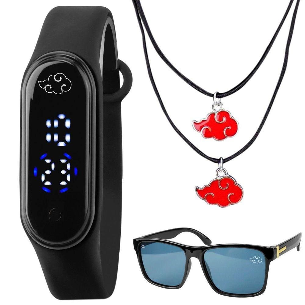 Relogio prova dagua infantil digital + oculos + colar naruto adolescente criança menino data preto