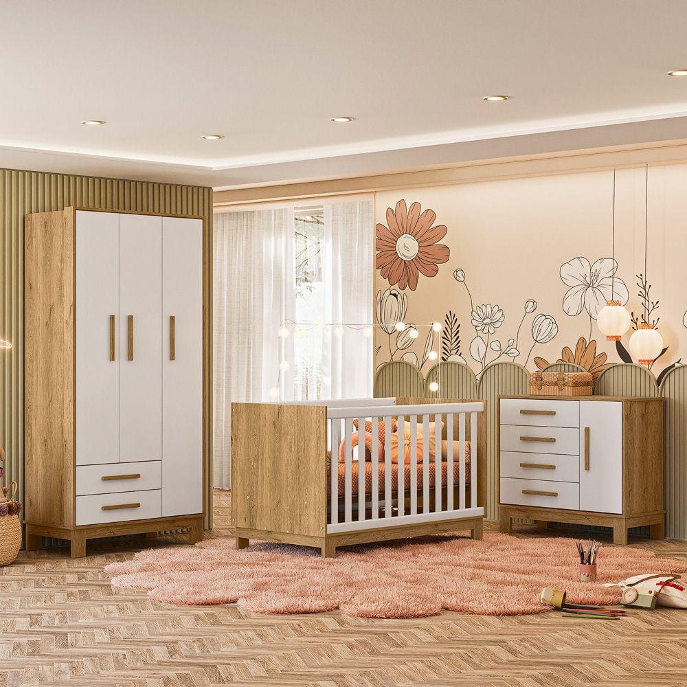 Quarto de Bebê Qencanto Slim Completo Qmovi Freijó Branco Acetinado