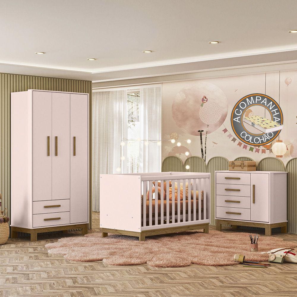 Quarto de Bebê Qencanto Slim Completo Qmovi Rosa Acetinado + Colchão Gazin