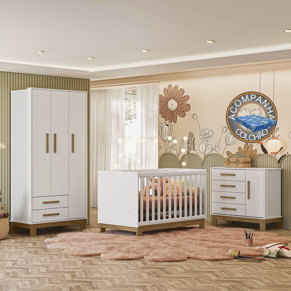 Quarto de Bebê Qencanto Slim Completo Qmovi Branco Acetinado + Colchão Ortobom