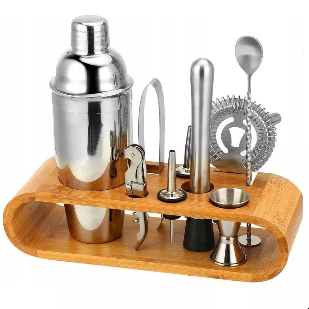 Kit Homebar 12 Peças Inox Suporte Madeira Coqueteleira 550ml