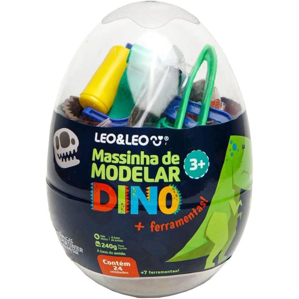 Kit Massa de Modelar Ovo Dino 24 Cores Mais 7 Moldes Leoeleo
