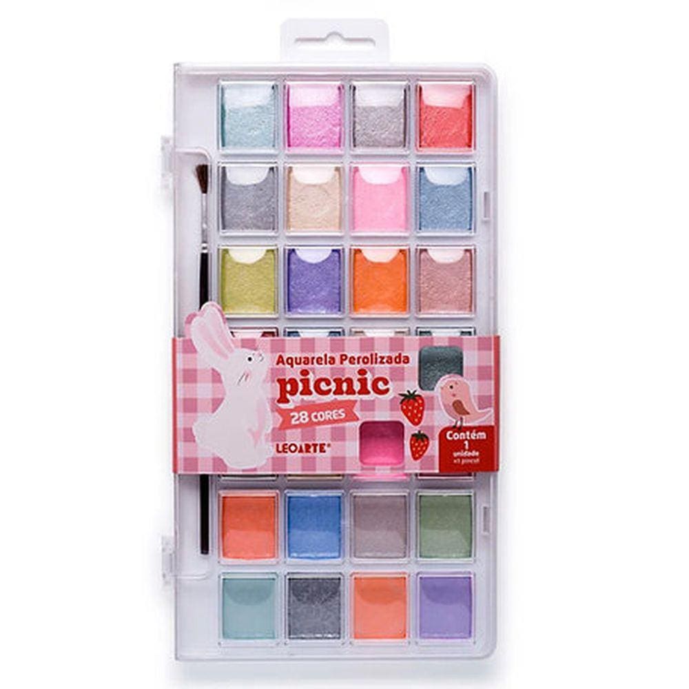Aquarela Perolizada Picnic 28 Cores e Pincel Leoarte