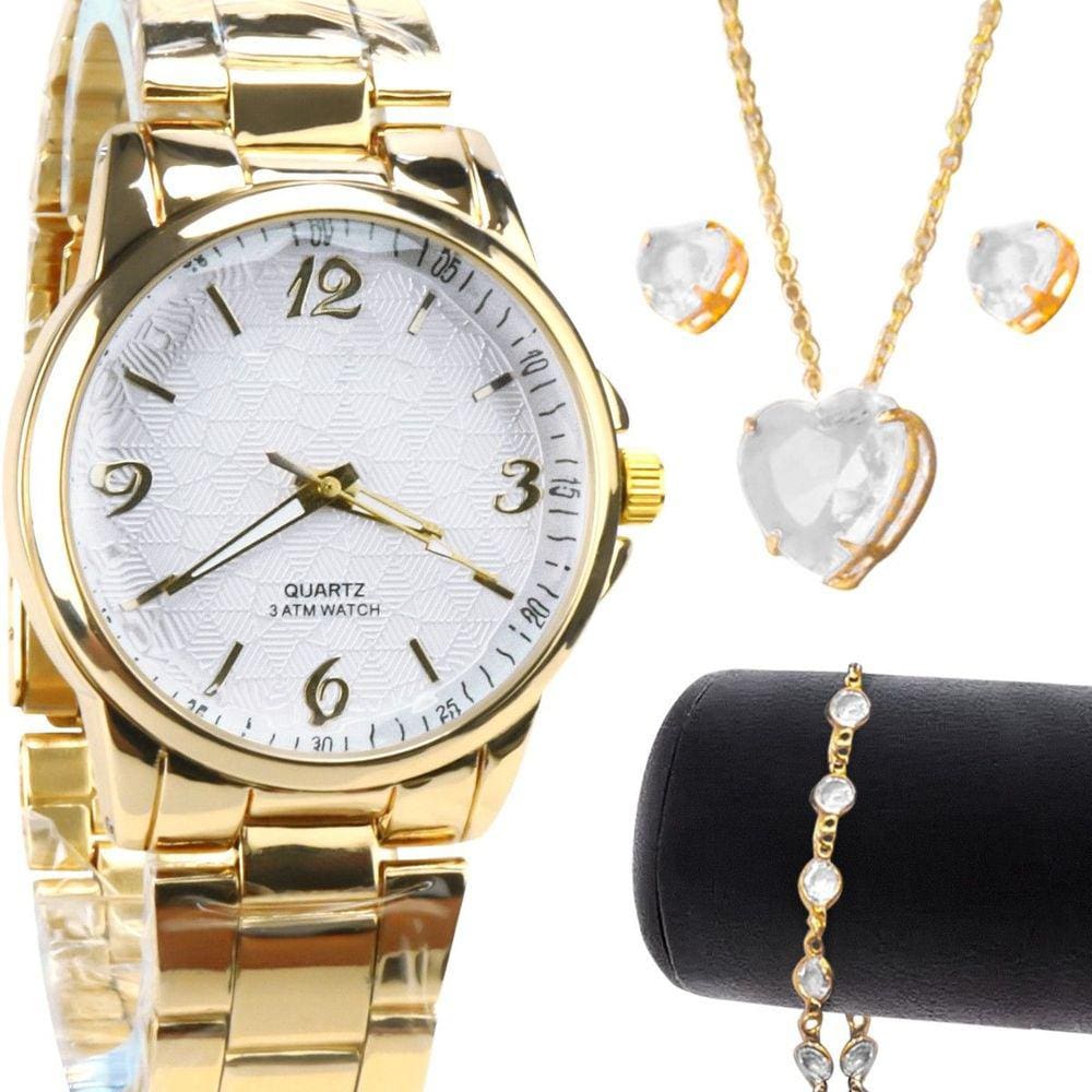Relógio banhado dourado + pulseira colar brinco aço inoxidável qualidade premium casual