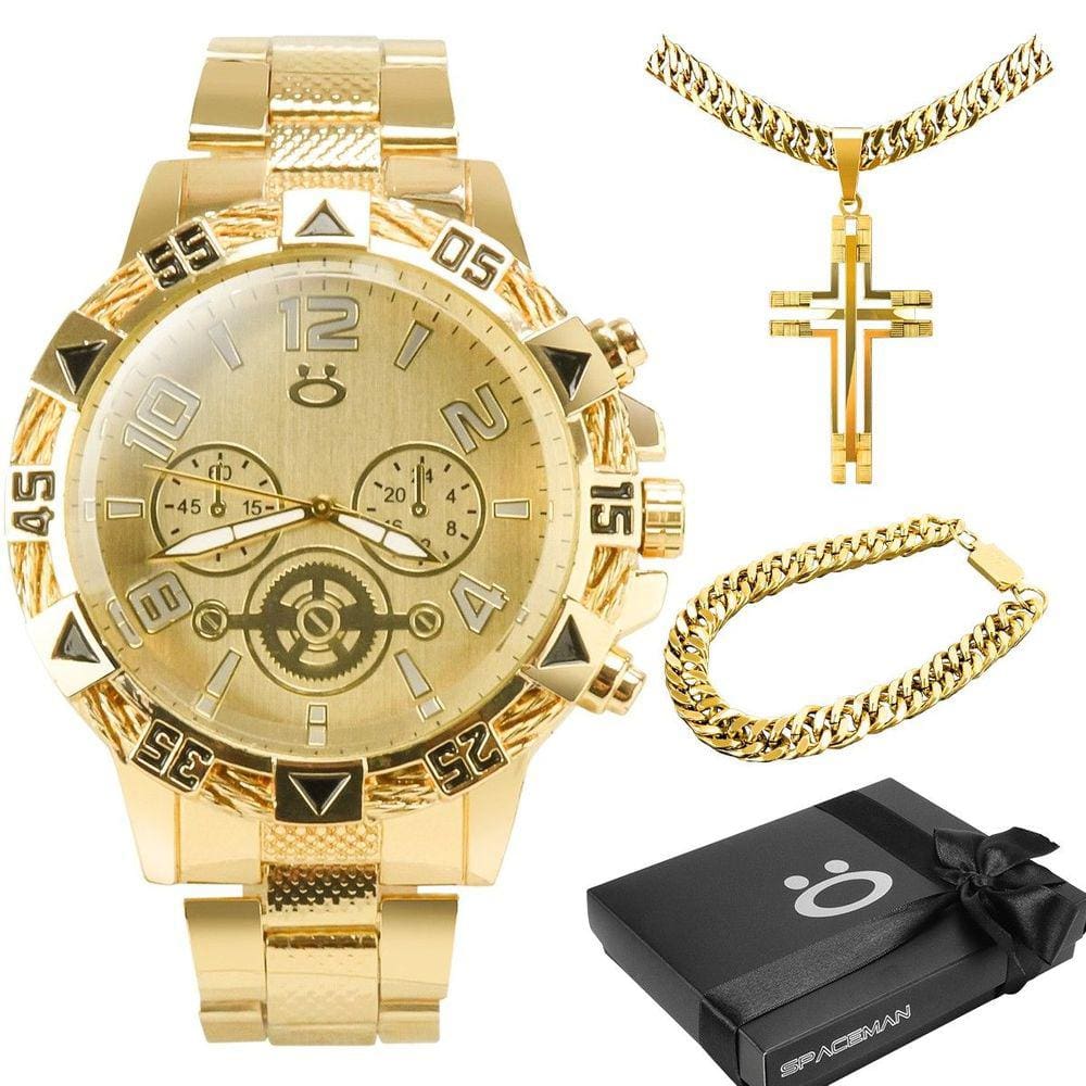 Relogio banhado ouro + cordão cruz + caixa + pulseira orizom casual robusto social