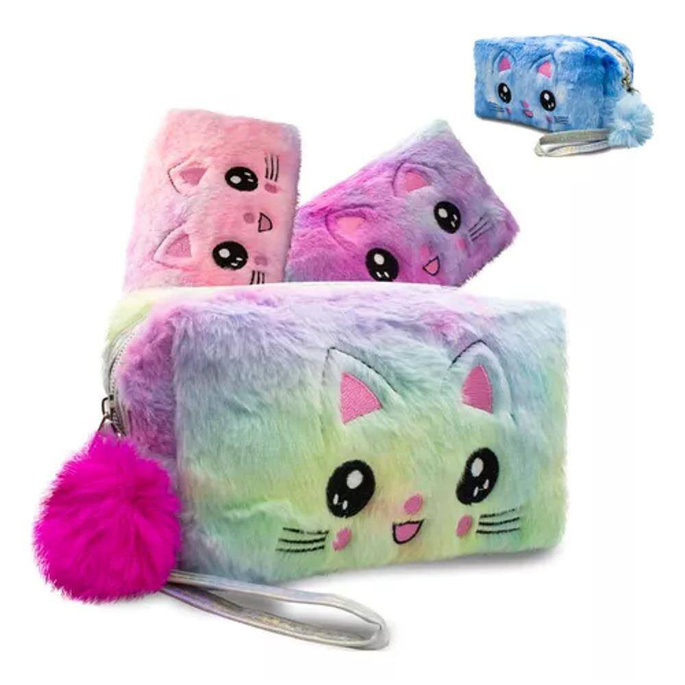 Estojo Escolar Pelúcia Com Pompom Gatinho Kawaii Arco-íris