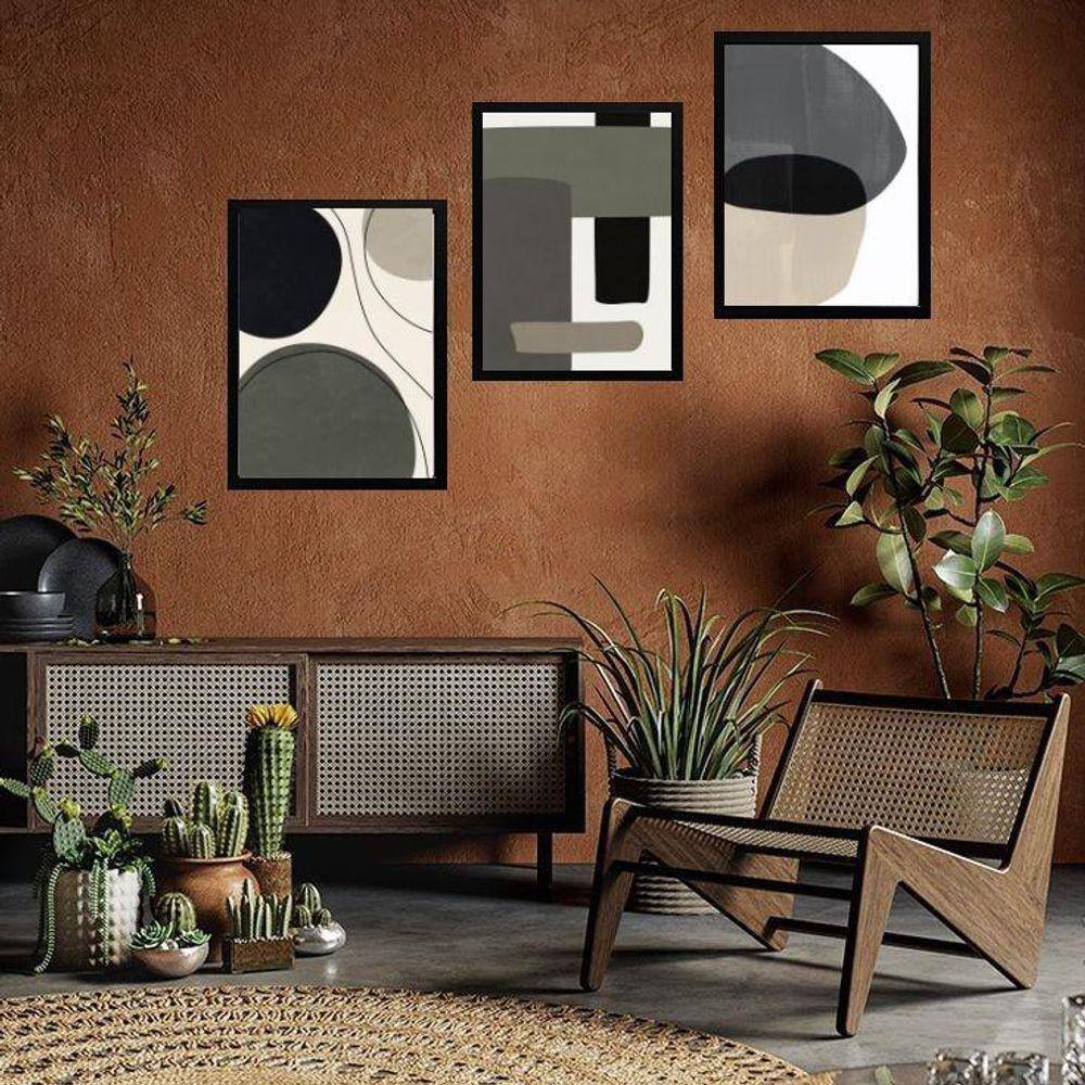 Kit 3 Quadros Contemporâneos Cinza E Preto 24X18Cm