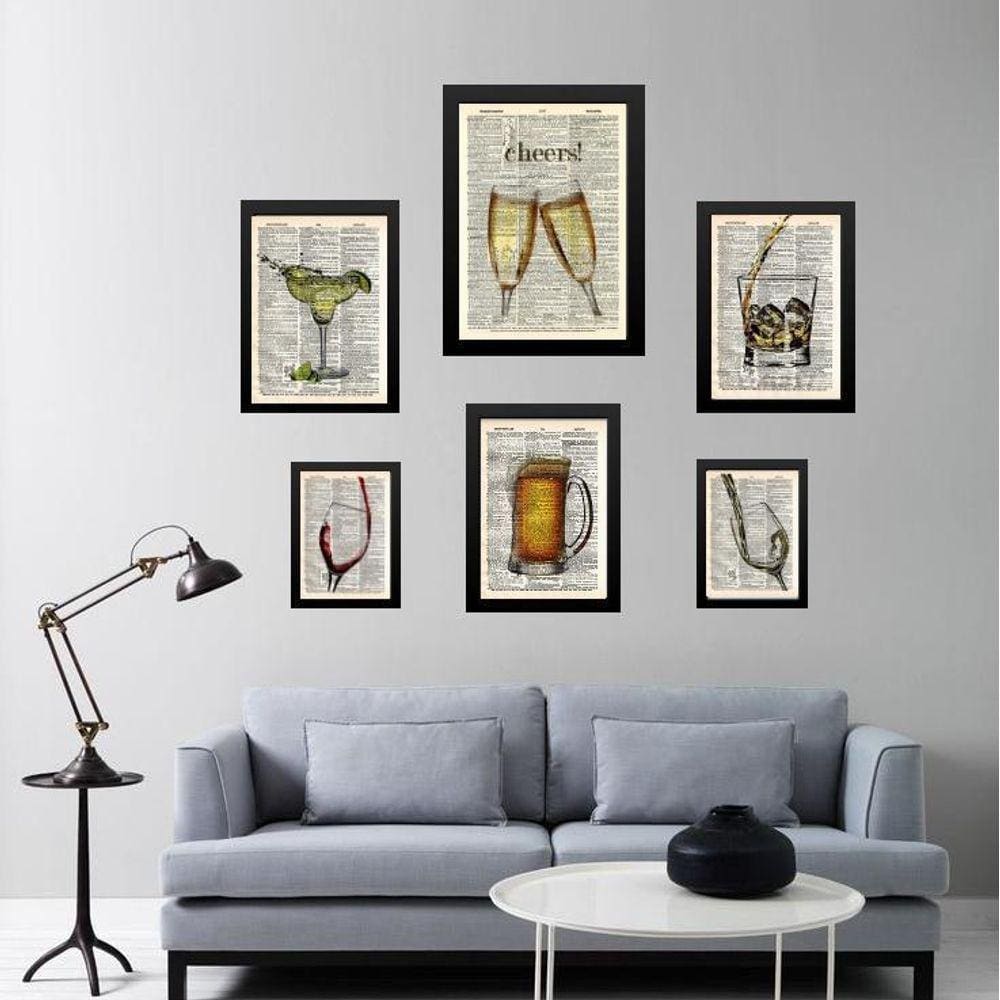 Composição 6 Quadros Vintage Bar - Bebidas Diversas - Vidro