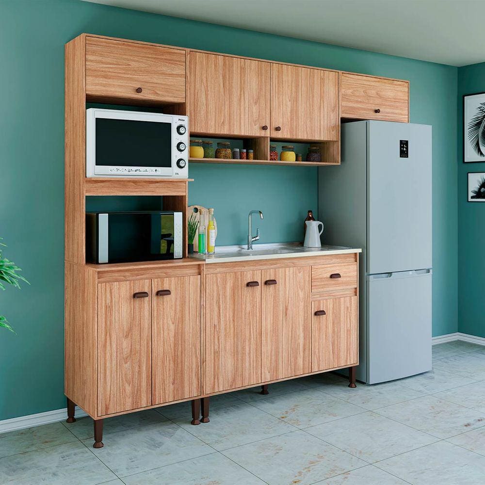 Armário de Cozinha Modulada Completo 253cm com puxador Concha Mel Móvel Bento