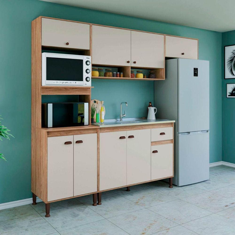 Armário de Cozinha Modulada Completo 253cm com Puxador Concha 1 Gaveta Mel Off White Móvel Bento