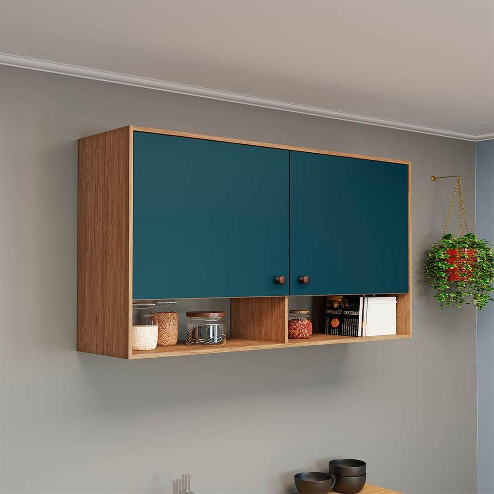 Armário Aéreo de Cozinha 2 Portas 2 nichos 120 Cm Azul Petróleo Móvel Bento