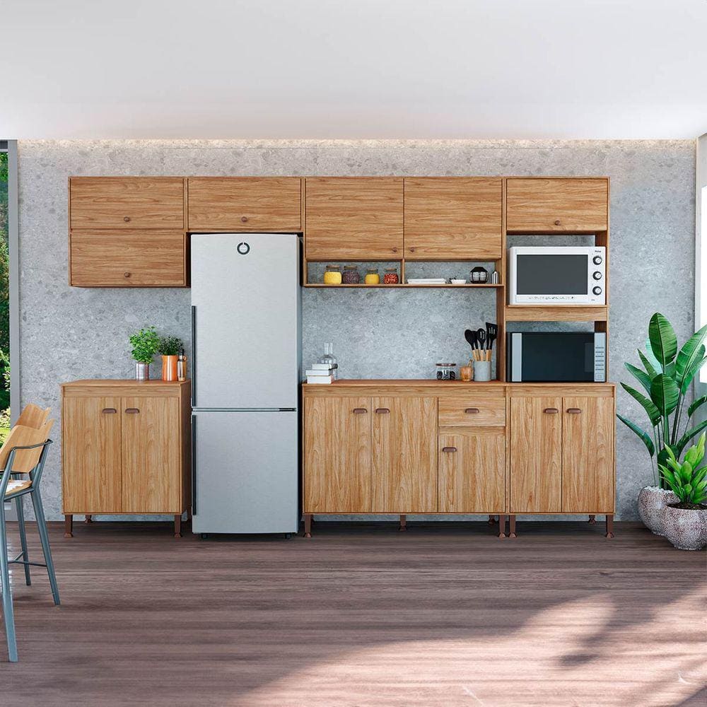 Armário cozinha completa 323cm 8 Peças com Tampo e Puxador Concha cor Mel Torino Móvel Bento