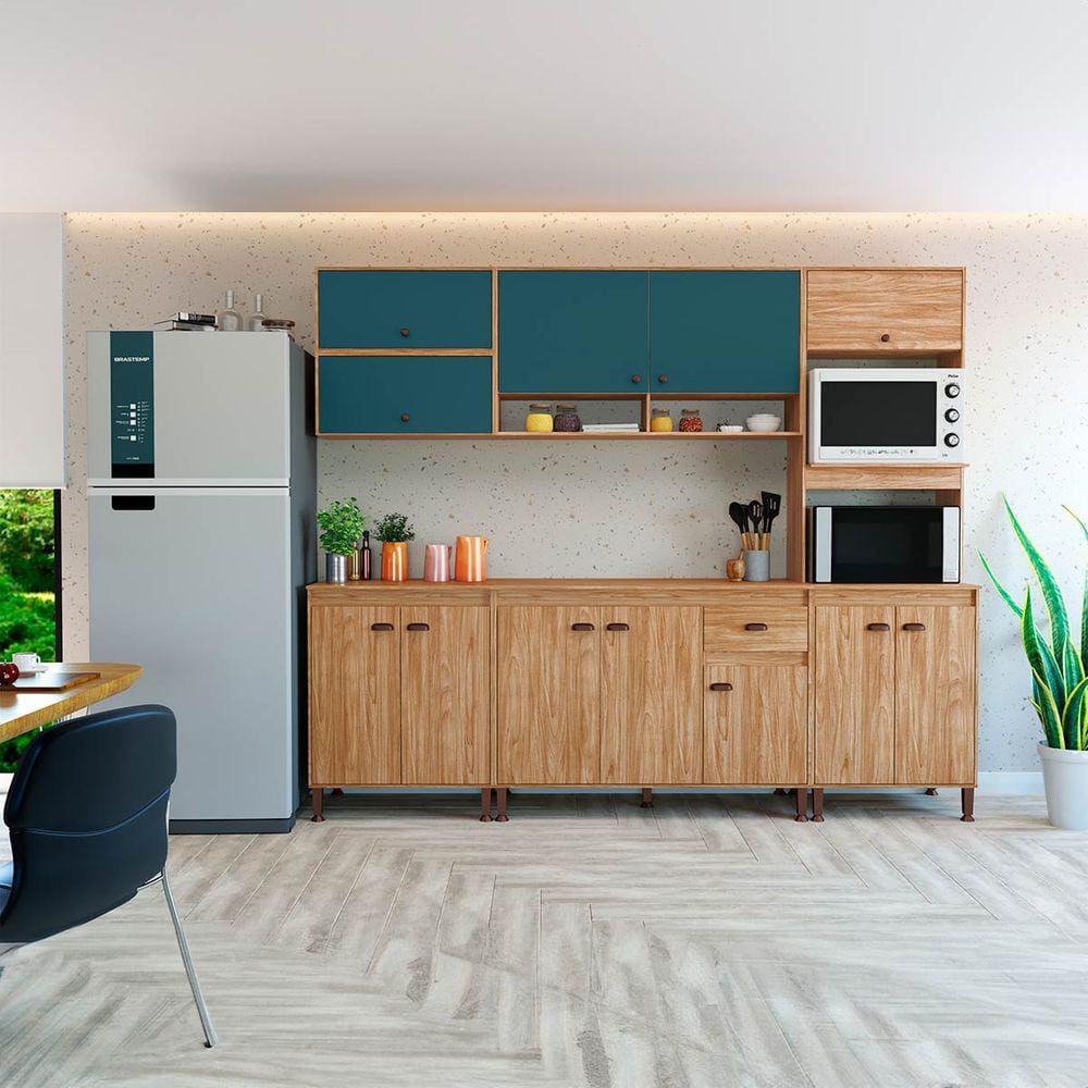 Armário de Cozinha Modulado 253 Cm com Puxador Concha cor Mel/Petróleo Torino Móvel Bento