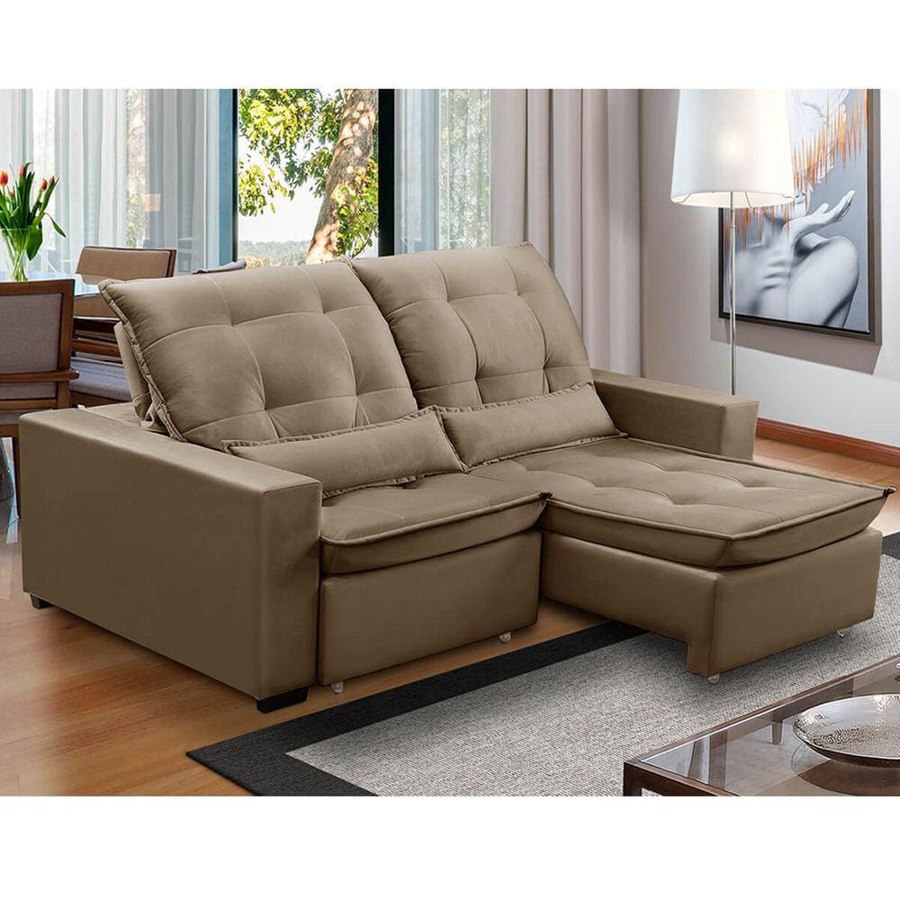 Sofa Retratil Reclinavel 2 Lugares 1,90m Atlantis Veludo Bege Capuccino LansofBR