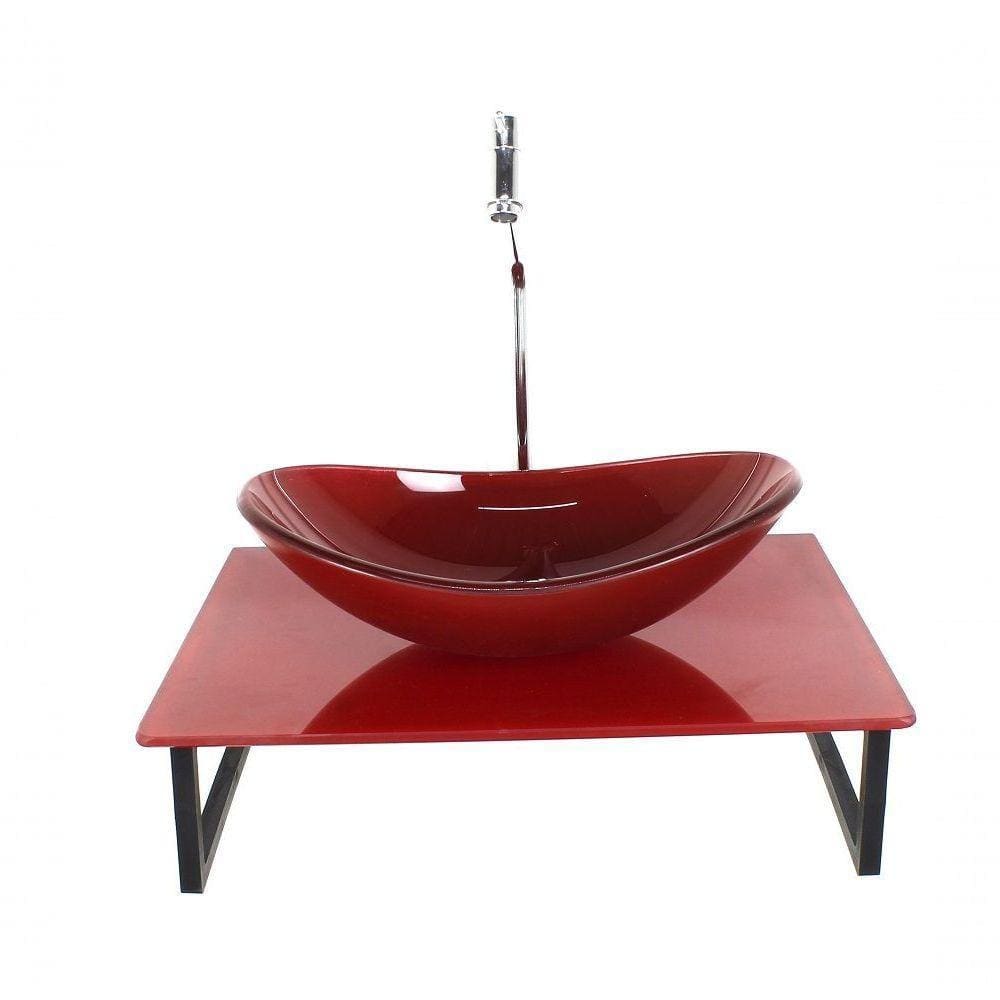 Kit Cuba De Vidro Tampo Vermelho + Suporte Torneira Valvula