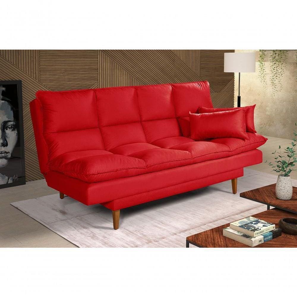 Sofá Cama Andorra 3 Lugares Império Reclinável Casal Pés Madeira Suede Vermelho 373