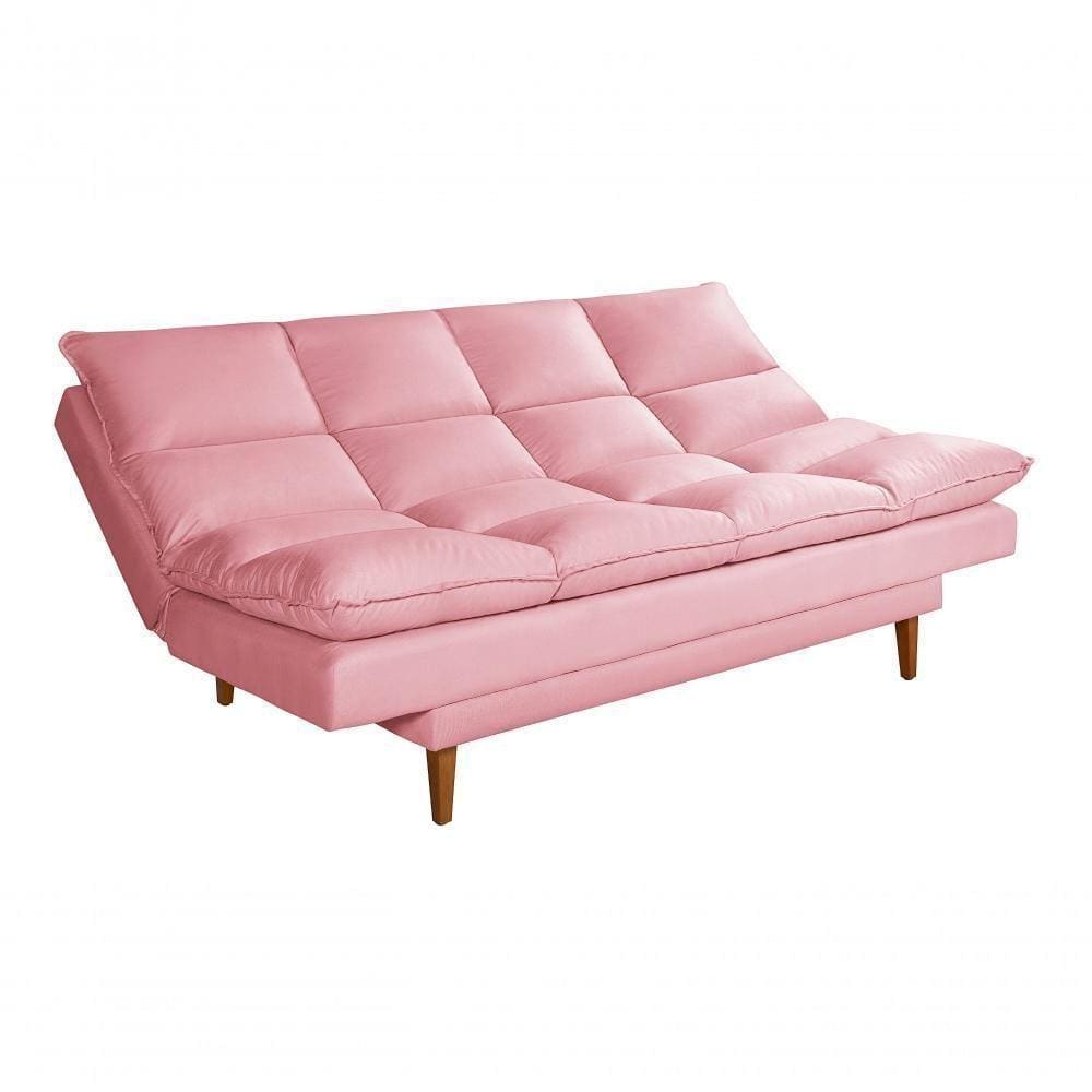 Sofá Cama Andorra 3 Lugares Império Reclinável Casal Pés Madeira Com Banqueta Suede Rosa 200