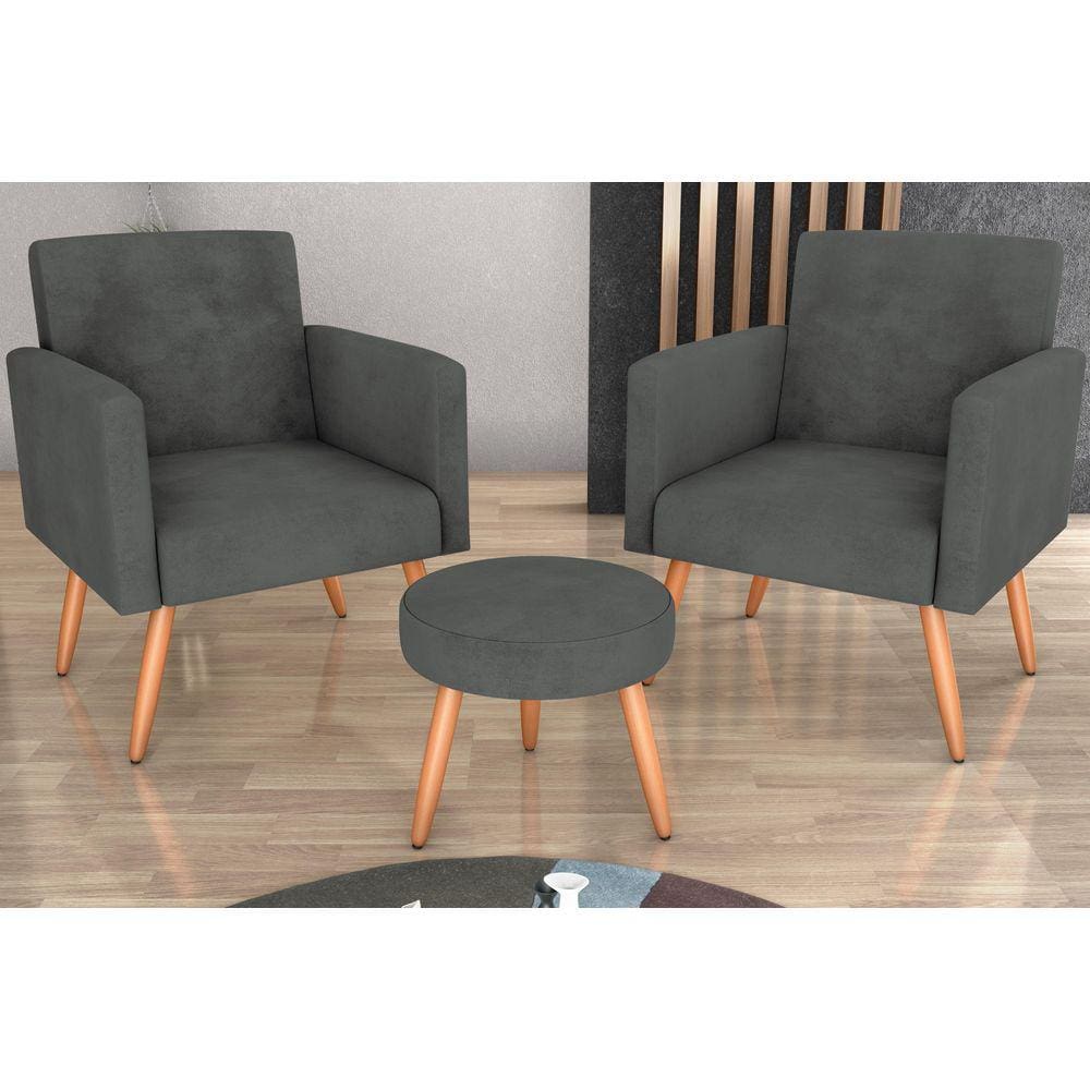 Kit 2 Poltronas + Puff Dallas Suede Cinza B250 - Matrix